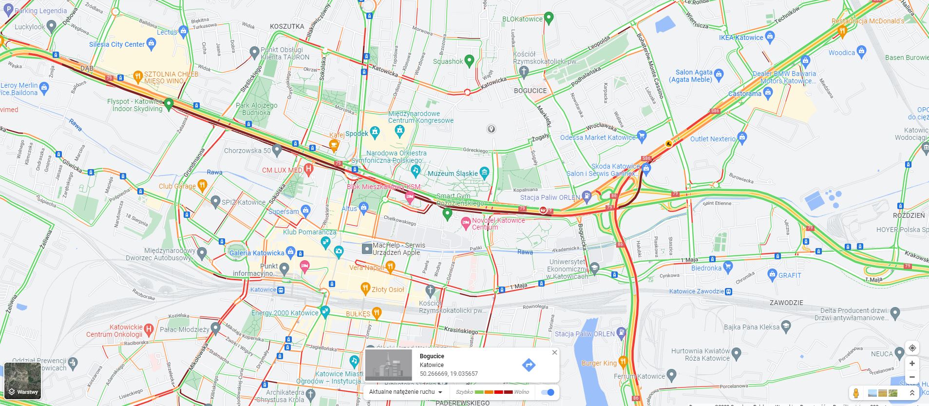 Fot. Google Maps. Korki w centrum Katowic 2 marca o godz. 15:15 - tunel został zamknięty