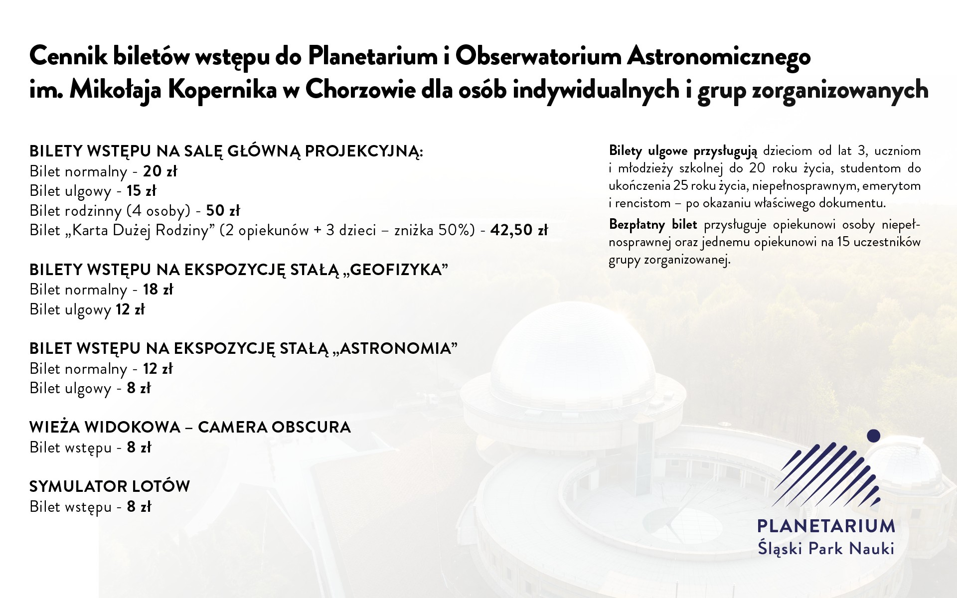 Cennik biletów do Planetarium - Śląskiego Parku Nauki w Chorzowie