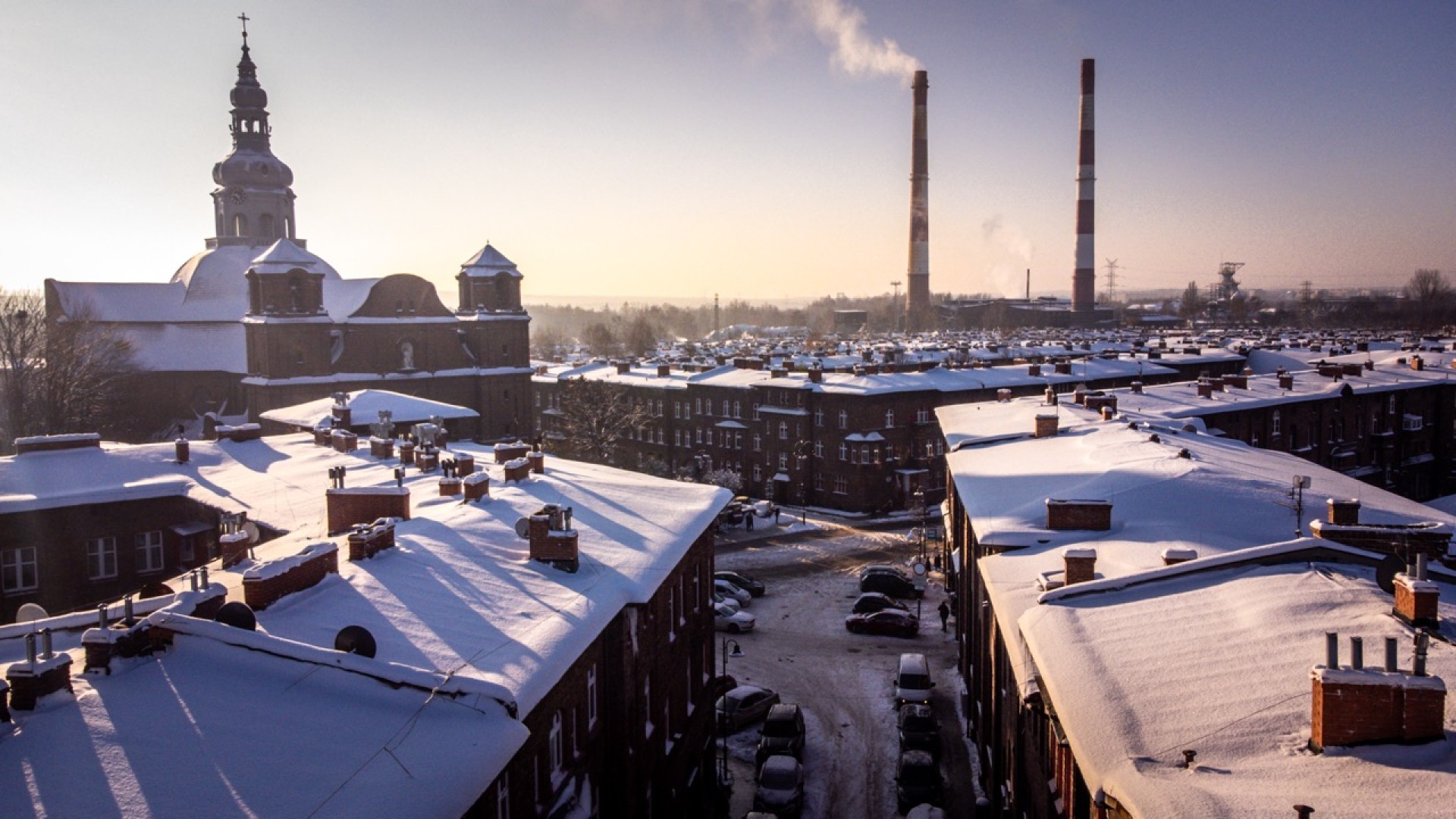 Nikiszowiec zimą. Zdjęcie z drona