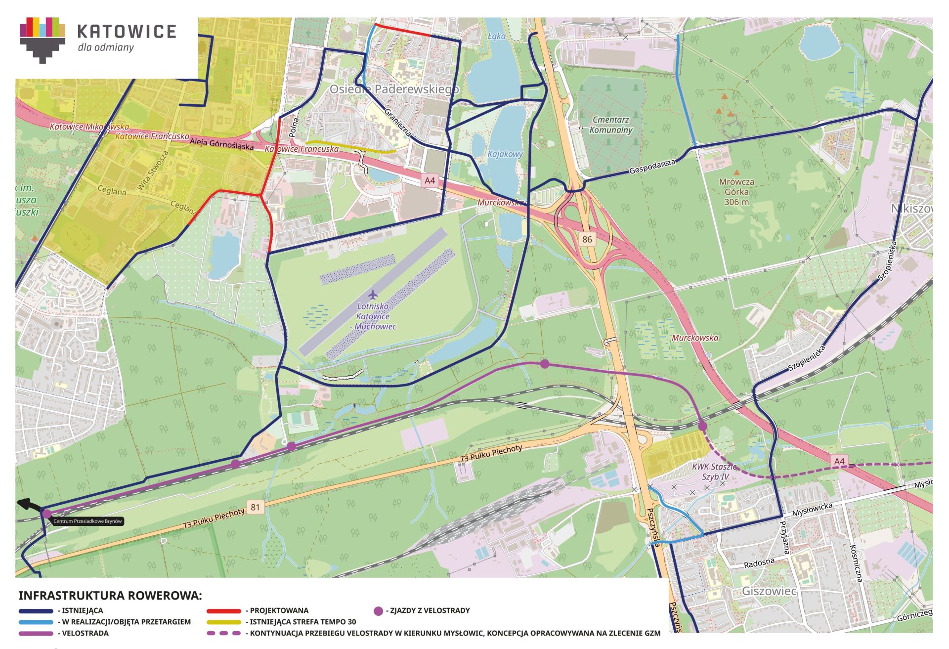 Poglądowa mapa infrastruktury rowerowej Brynów-Giszowiec